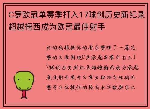 C罗欧冠单赛季打入17球创历史新纪录超越梅西成为欧冠最佳射手