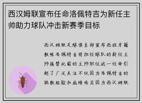 西汉姆联宣布任命洛佩特吉为新任主帅助力球队冲击新赛季目标