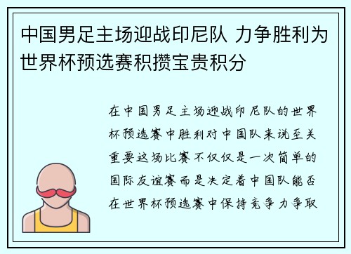 中国男足主场迎战印尼队 力争胜利为世界杯预选赛积攒宝贵积分